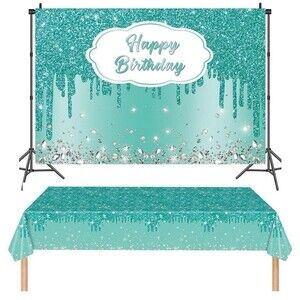 XCKALI Teal Blue Birthday Backdrop and Tablecloth Kit Glitter Teal Blue Diamond